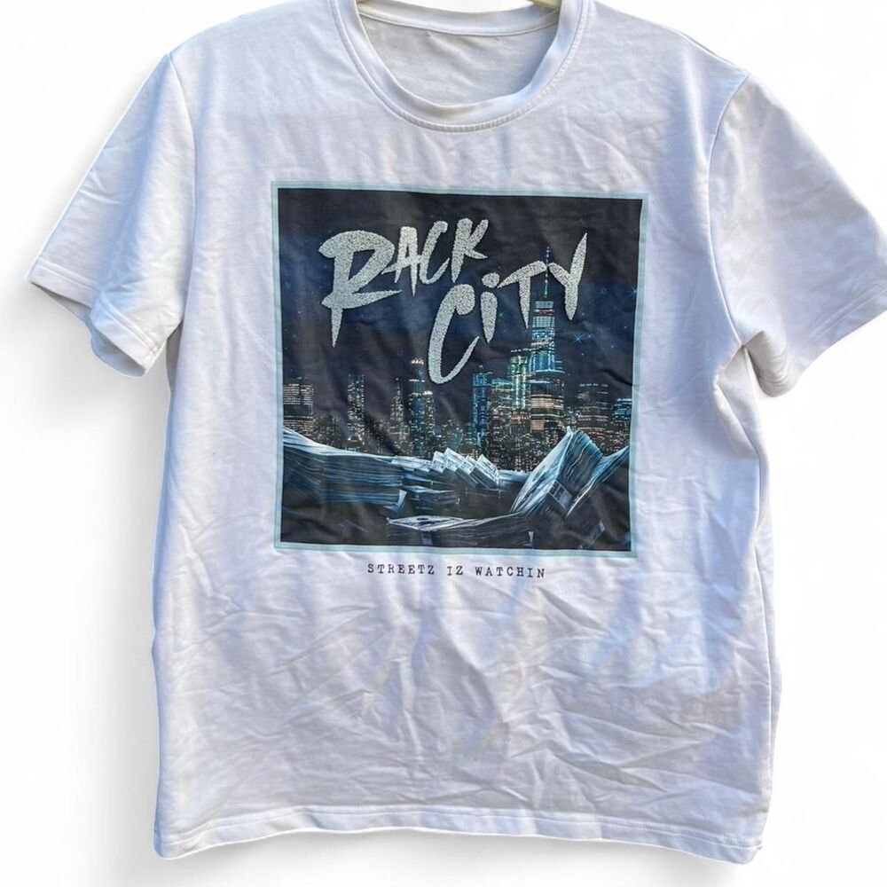 RACK CITY "STREETZ IZ WATCHIN" White Cityscape Tee (Size L)